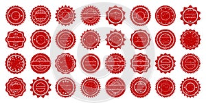 Post stamps, labels and badges. Grunge imprints and postmarks. Red vintage circle postcard watermarks. Used envelope