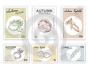 Post Stamps Set of Autumn Vegetables with Paper Cut Art