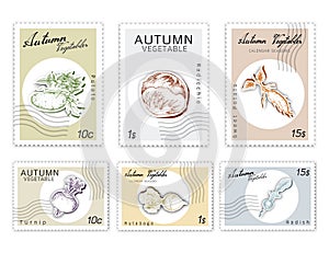Post Stamps Set of Autumn Vegetables with Paper Cut Art photo