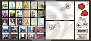 Post stamps vector illustrations, cartoon flat postal collection of postage stamps, country of the world, vintage travel