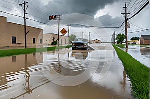 Post-Storm Scene - Street Submerged in Floodwaters Reflecting the Gray Overcast Sky, Remnants of a Brooding Storm