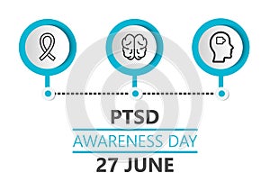 Post traumatic stress disorder awareness day is celebrated in 27 June. PTSD month vector for poster, banner, web, app. Mental