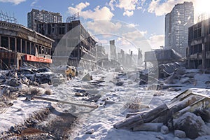 Post war apocalyptic scene. Destroyed city, Ruined buildings after earthquake cataclysm catastrophe