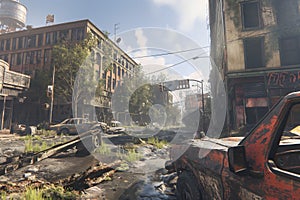 Post war apocalyptic scene. Destroyed city, Ruined buildings after earthquake cataclysm catastrophe