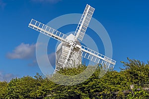 A post windmill protrudes above the hedgerow on the South Downs near Brighton, UK