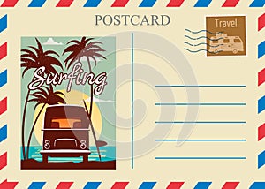 Postacrd summer vintage Van bus surfer ocean. Vacation travel design card with postage stamp. Vector illustration