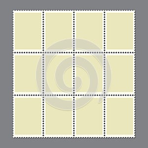 Postage marks set. Sheet of 12 blank postal stamps for postcard or envelopes. Vintage empty stamp with perforated edge for letter