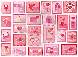 Postage romantic love valentine day stamps for winter holiday congratulation and greeting set