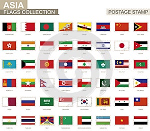 Postage stamp with Asia flags. Set of 62 Asian flag.