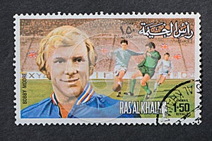Postage stamp of Bobby Moore, England World Cup winning captain.