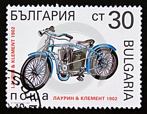 Postage stamp Bulgaria, 1992, Laurin and Klement motorcycle, 1902