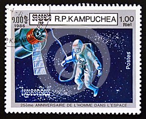 Postage stamp cambodia, 1986, Alexei Leonov walking in space