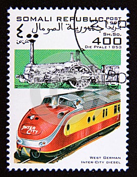 Postage stamp Cinderella 1997. Die pfalz 1853 locomotive and west germany inter city diesel train