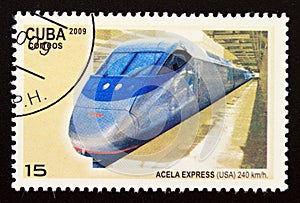 Postage stamp Cuba 2009. Acela express USA high speed locomotive