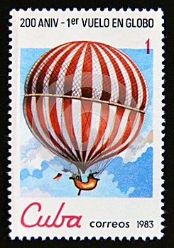 Postage stamp Cuba 1983. Free hydrogen balloon flight of Charles and Robert, 1783