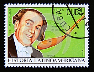 Postage stamp Cuba 1991. Heitor Villalobos and trumpet Brasil