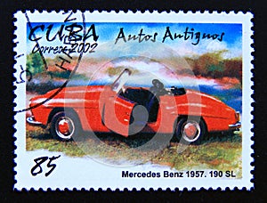 Postage stamp Cuba 2002. Mercedes Benz 190 SL, 1957 oldtimer car