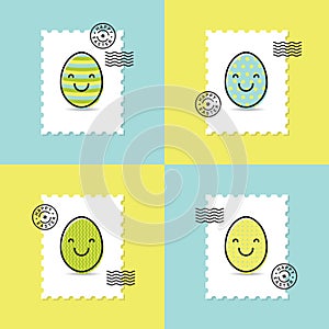 Postage stamp with easter painted egg smiley set