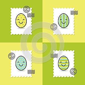 Postage stamp with easter painted egg smiley set