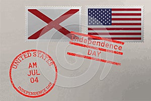 Postage stamp envelope with Alabama and USA flag and 4-th July stamps, vector