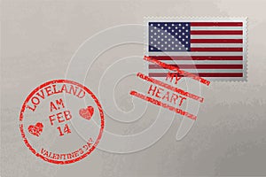 Postage stamp envelope with American flag and Valentine s Day stamps, vector