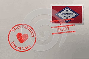 Postage stamp envelope with Arkansas flag and Valentine s Day stamps, vector