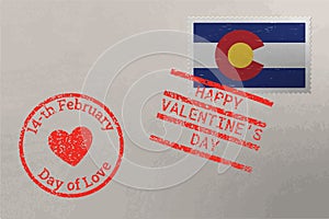 Postage stamp envelope with Colorado flag and Valentine s Day stamps, vector