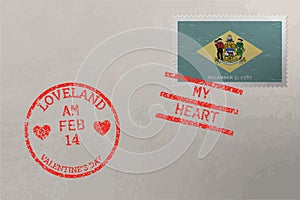 Postage stamp envelope with Delaware flag and Valentine s Day stamps, vector