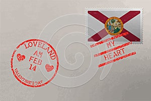 Postage stamp envelope with Florida flag and Valentine s Day stamps, vector