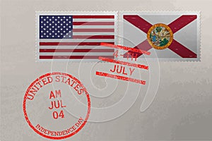 Postage stamp envelope with Florida and USA flag and 4-th July stamps, vector