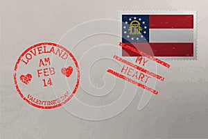 Postage stamp envelope with Georgia flag and Valentine s Day stamps, vector