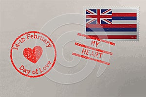 Postage stamp envelope with Hawaii flag and Valentine s Day stamps, vector