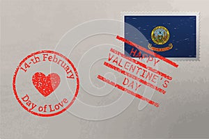 Postage stamp envelope with Idaho flag and Valentine s Day stamps, vector