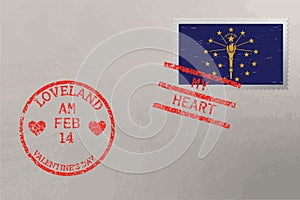 Postage stamp envelope with Indiana flag and Valentine s Day stamps, vector