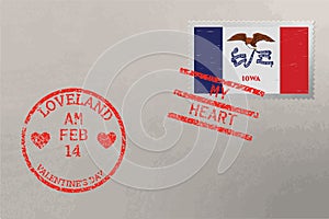 Postage stamp envelope with Iowa flag and Valentine s Day stamps, vector