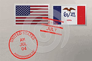 Postage stamp envelope with Iowa and USA flag and 4-th July stamps, vector