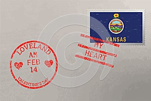 Postage stamp envelope with Kansas flag and Valentine s Day stamps, vector