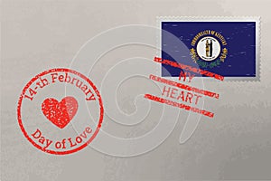 Postage stamp envelope with Kentucky flag and Valentine s Day stamps, vector