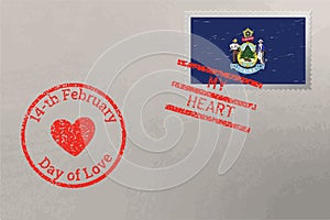 Postage stamp envelope with Maine flag and Valentine s Day stamps, vector