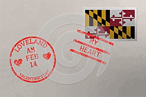 Postage stamp envelope with Maryland flag and Valentine s Day stamps, vector