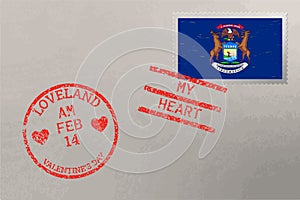 Postage stamp envelope with Michigan US flag and Valentine s Day stamps, vector