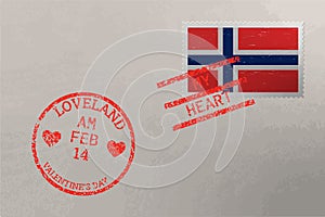 Postage stamp envelope with Norway flag and Valentines Day stamps, vector