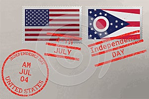 Postage stamp envelope with Ohio and USA flag and 4-th July stamps, vector