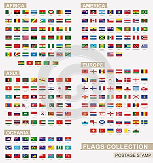 Postage stamp with flags of the world. Set of 229 world flag