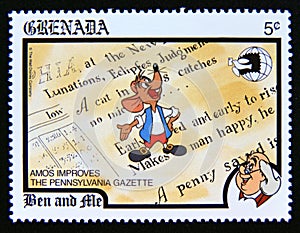 Postage stamp Grenada 1989. Ben and Me Amos on page of Pennsylvania Gazette