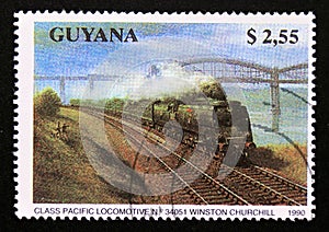 Postage stamp Guyana, 1990, Pacific Winston Churchill locomotive train