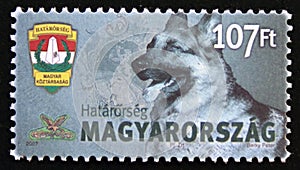 Postage stamp Hungary, 2007, Emblem of Border Guard and German Shepherd, Canis lupus fami