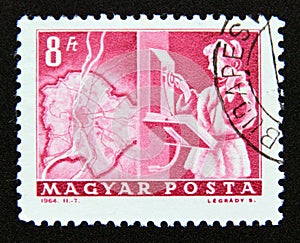 Postage stamp Hungary, Magyar 1964. Map of Budapest and automatic dial phone