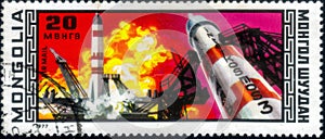 Postage stamp with the image of Launching of Intercosmos 3. From the series on Intercosmos Program 11 Years, circa 1977