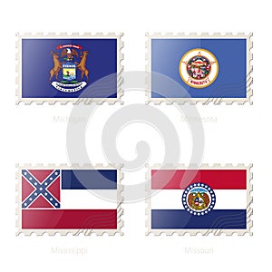 Postage stamp with the image of Michigan, Minnesota, Mississippi, Missouri State Flag